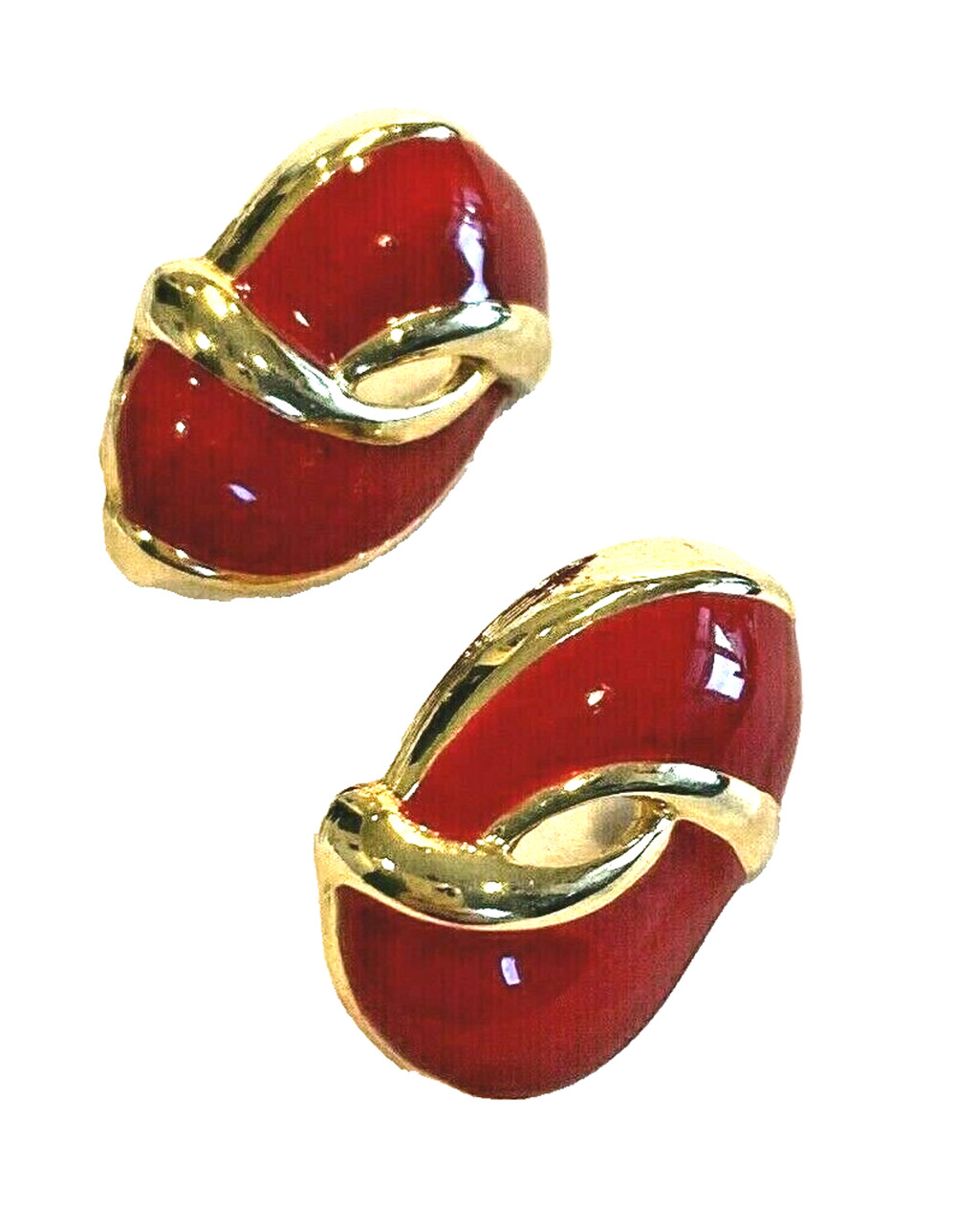 Vintage Pierced Earrings Red Enamel on Gold Tone Mod Button Style 1980's Jewelry